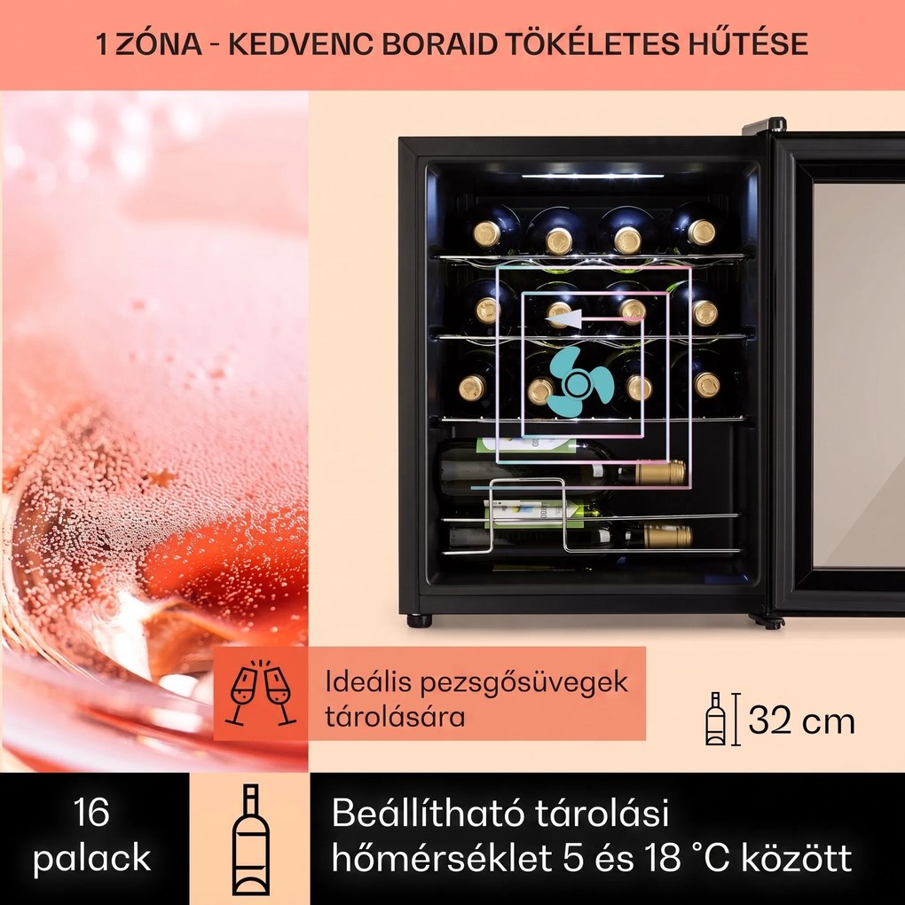 Klarstein Shiraz, borhűtő, 42 liter, 131 W, 5 - 18 °C, érintőképernyős vezérlőpanel, fekete