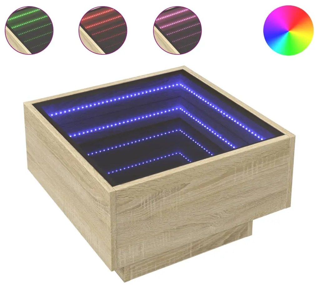 Sonoma tölgy szerelt fa dohányzóasztal LED-del 50 x 50 x 30 cm