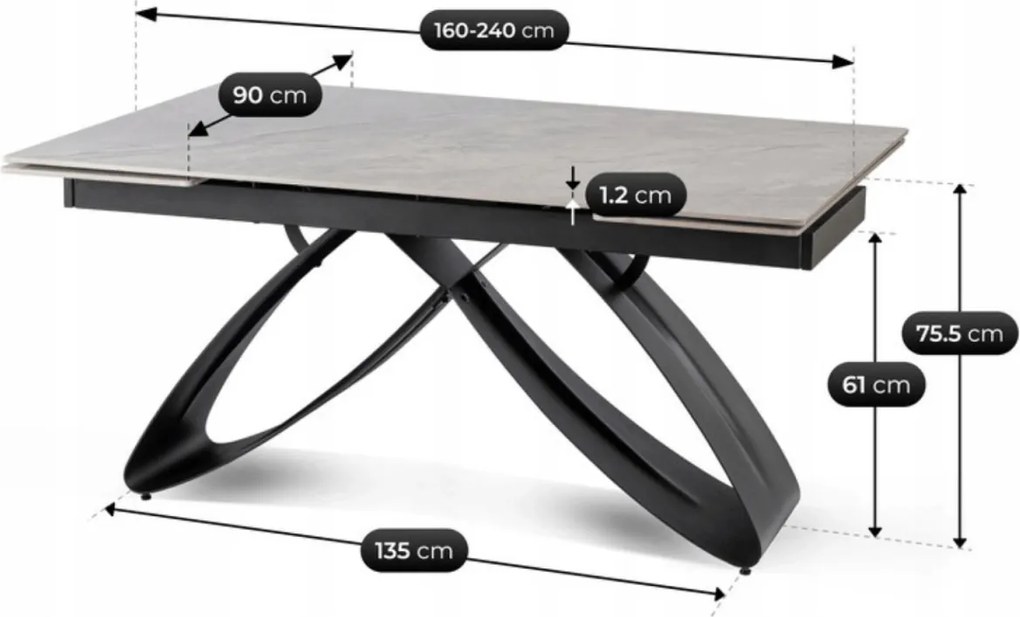 Luigi kerámia kihúzható asztal 160–240 cm, szürke márvány/fekete színben