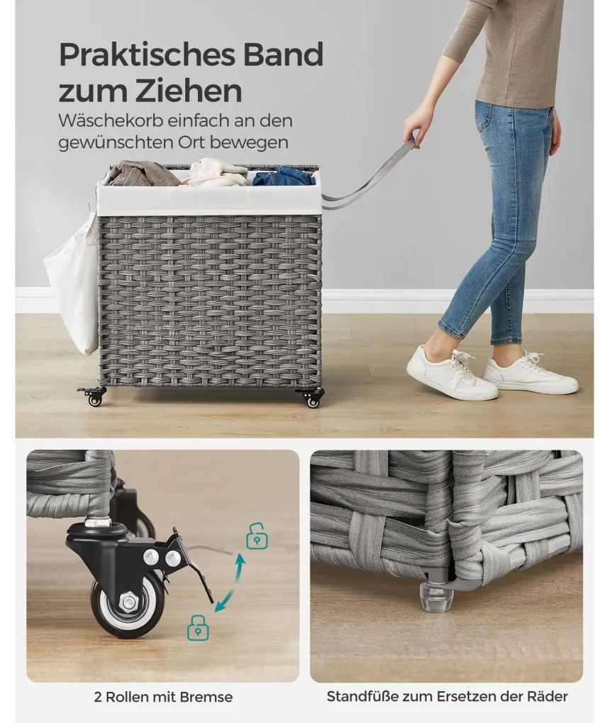 Kézzel fonott rattan stílusú szennyeskosár 3 rekesszel 140L, szürke