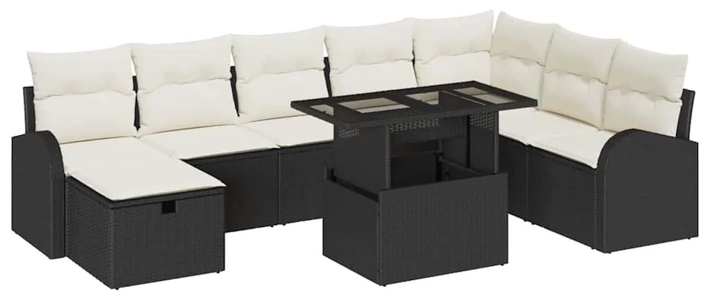 vidaXL Kerti Kanapé Szett párnával tárolóval 9 pcs Fekete Poli rattan