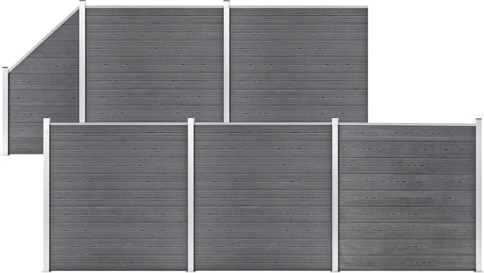 vidaXL 5 négyszögletes és 1 ferde szürke WPC kerítéselem 965 x 186 cm