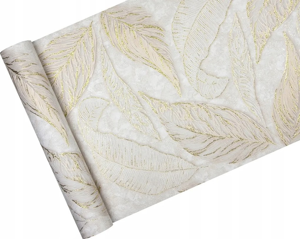 Tapéta Arany levelek és bézs Vakolat és Csillámos vinil vastag vinil