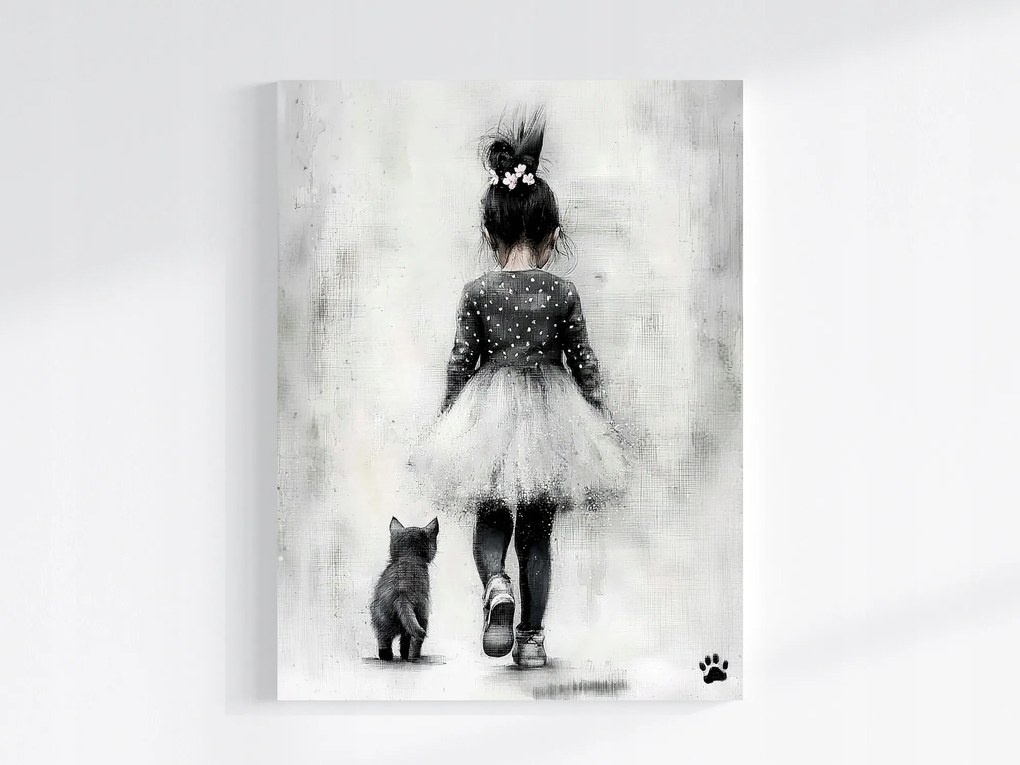 Vászonkép Canvas Kislány Fekete Macska Társ Séta 75x100