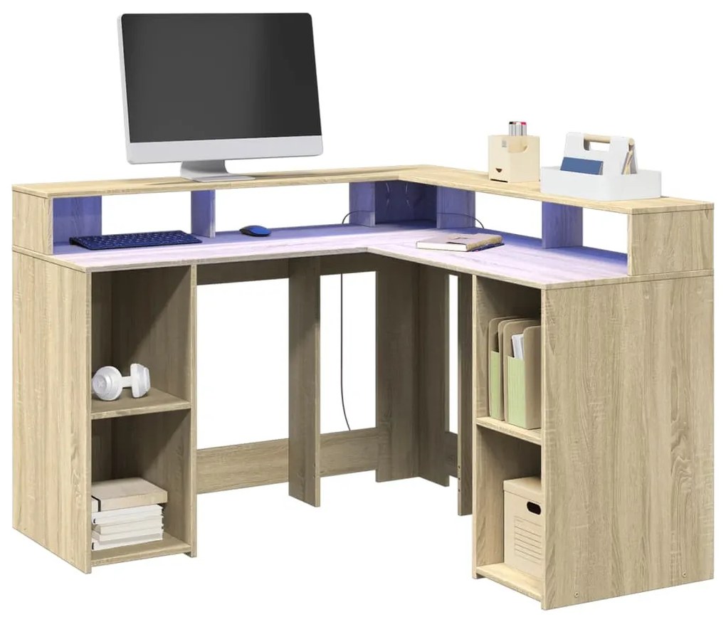 sonoma tölgy színű szerelt fa íróasztal LED-ekkel 130x130x91 cm