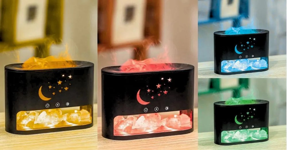 Új Design Párologtató Aroma Diffúzor Sókő kristály és Láng LED fénnyel 250ml - KP-023 Fehér