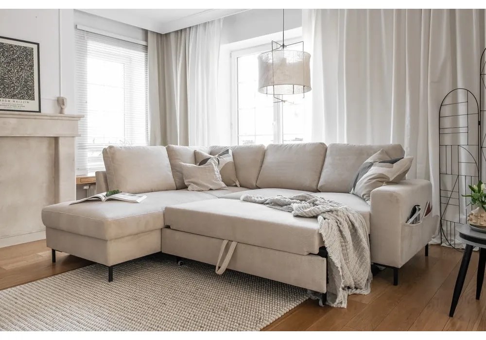 Bézs kordbársony kinyitható sarokkanapé (bal oldali) Lofty Lilly – Miuform