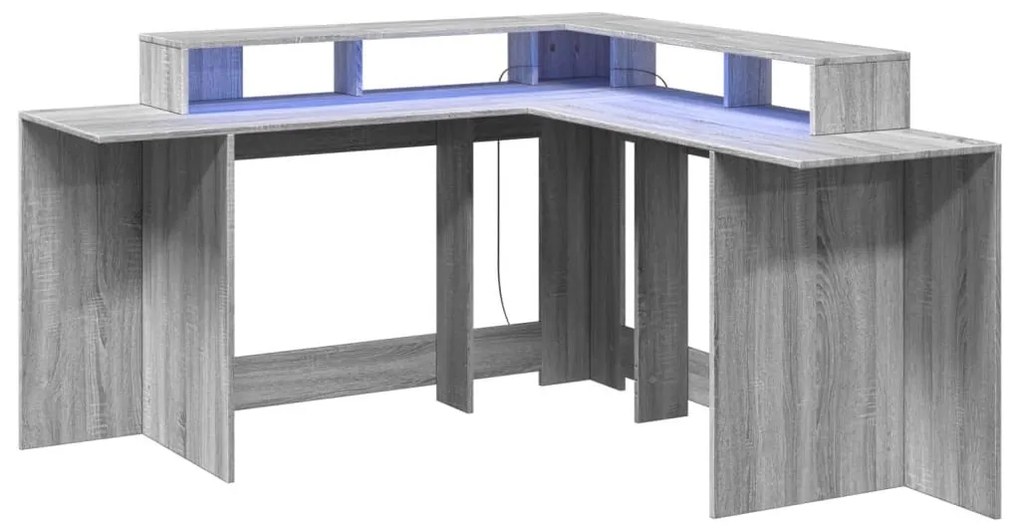 szürke sonoma színű szerelt fa LED-es íróasztal 152x152x91 cm
