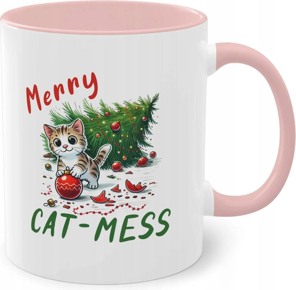 Rózsaszín Bögre Nyomtatott Karácsonyi Rendetlenség Macska Cicával Merry Cat-Mess