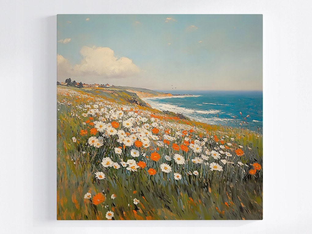 Vászonkép Canvas Tájkép Tenger Szikla Rét Virágok Pipacsok Margaréták 80x80