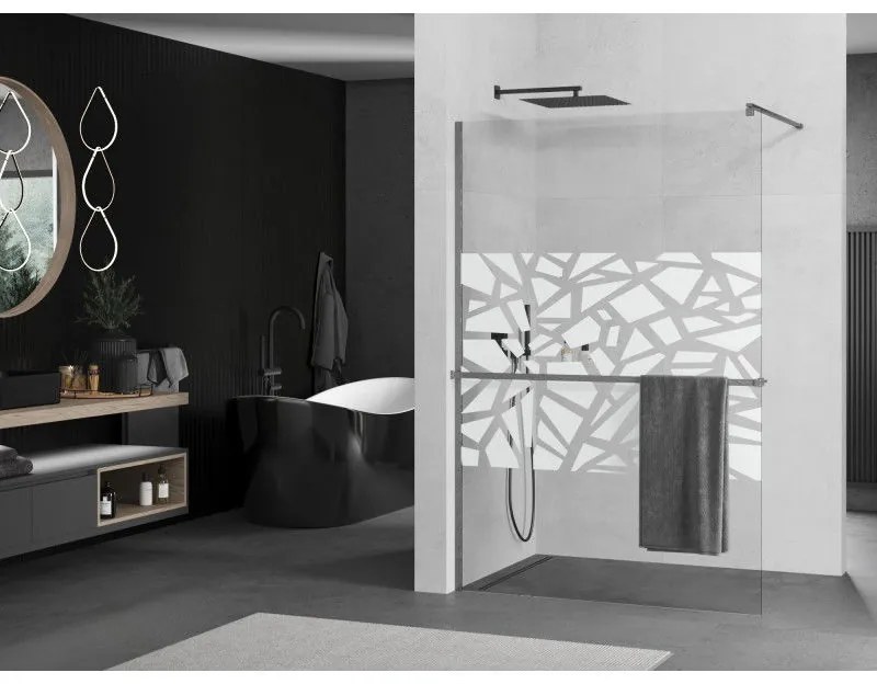 Mexen Kioto+, Walk-In zuhany paraván polccal és akasztóval 130 x 200 cm, 8 mm átlátszó üveg fehér mintás, grafit profil, 800-130-121-66-85