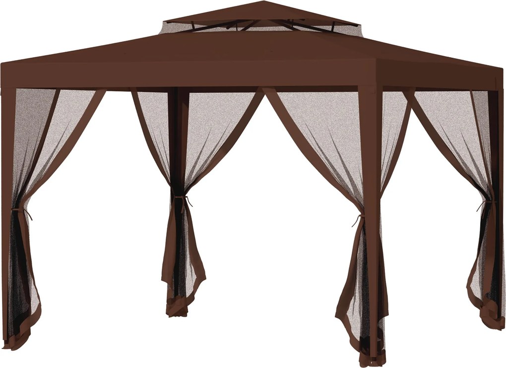 Outsunny 3x3m-es Kerti Maga 4 Oldali Szúnyoghálós, Levehető Kültéri Pavilon Kétrészes Tetővel és UV-védelemmel Ellátott Vízálló Fém Váz - Teraszra, Pa