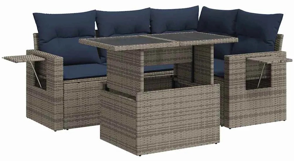 5 részes szürke polyrattan akácfa kerti kanapészett párnákkal