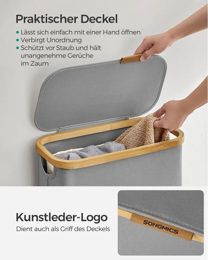 Szennyeskosár fedéllel, keskeny szennyestartó 65 L, 42 x 22,5 x 70,5 cm, galambszürke