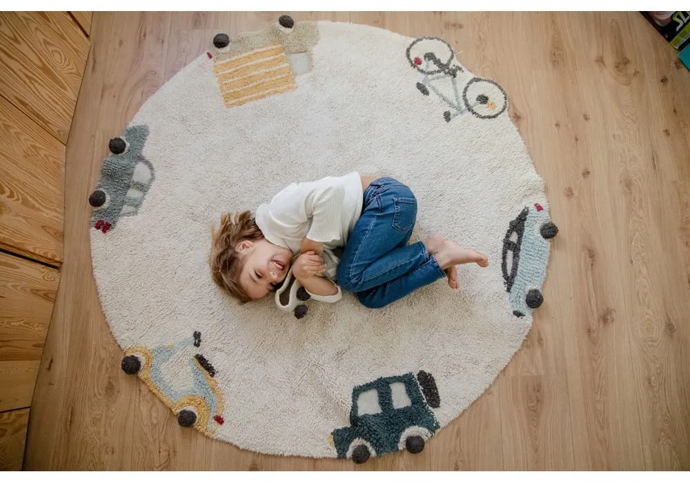 Krémszínű mosható kézi szövésű pamut gyerek szőnyeg ø140 cm Wheels – Lorena Canals