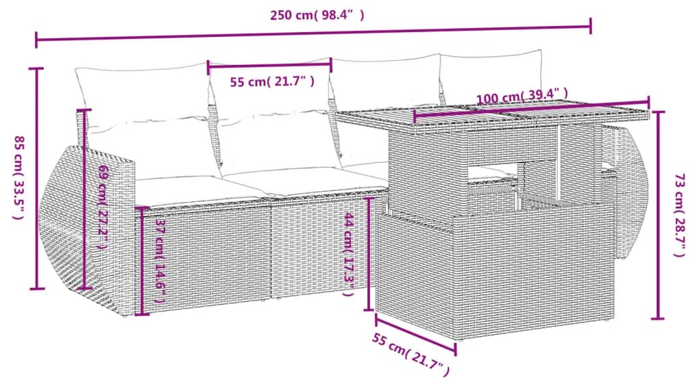 5 részes fekete polyrattan kerti kanapészett párnákkal