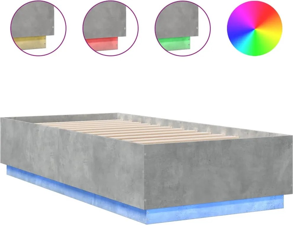 vidaXL betonszürke szerelt fa ágykeret LED-del 90 x 200 cm