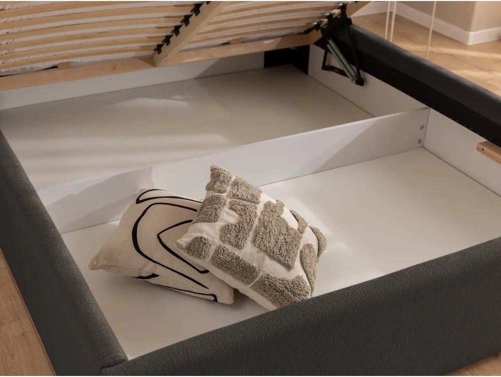 Sötétszürke kárpitozott ágyneműtartós franciaágy ágyráccsal 180x200 cm Cille – Ropez