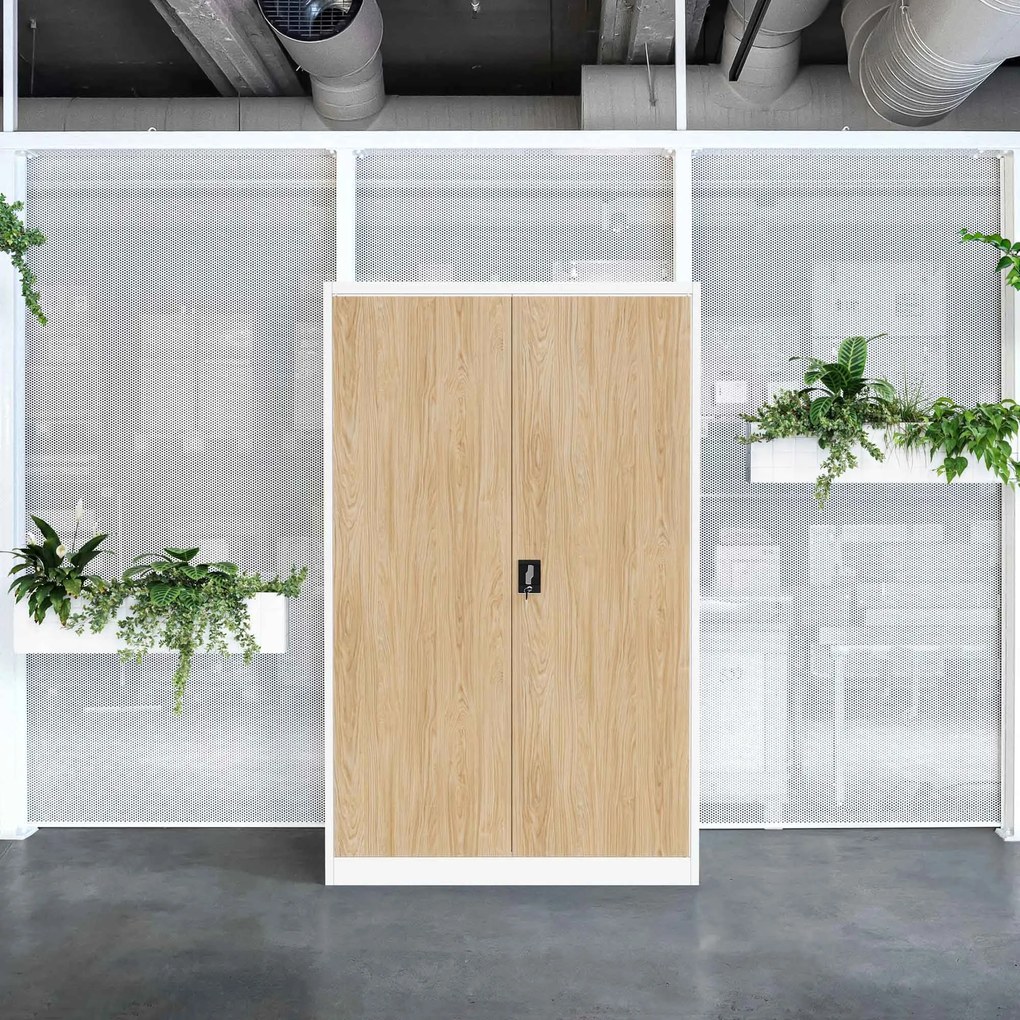 Fém irodai iratszekrény, széles, fehér/sonoma tölgy, 1150x1850x400 mm: JAN II Eco Design