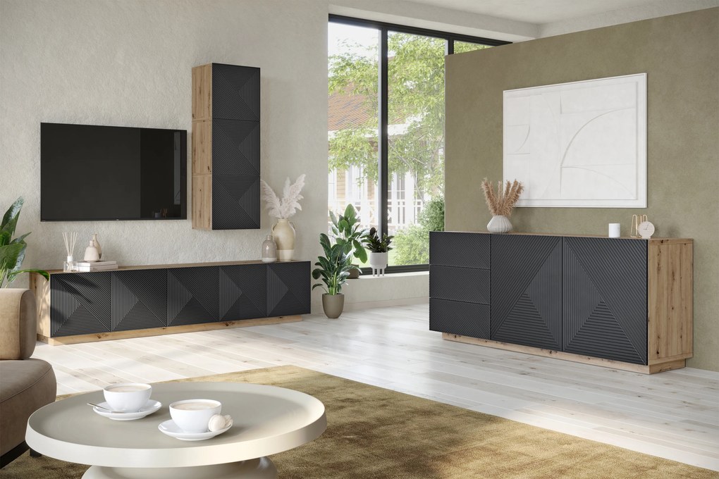 Asha ötajtós bordázott frontos TV szekrény 200 cm - artisan tölgy / rivier stone matt