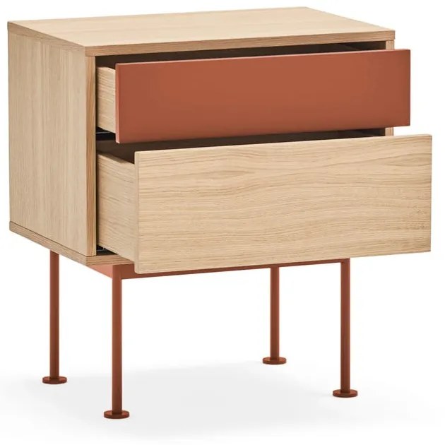 Yoko téglavörös éjjeliszekrény tölgyfa dekorral - Teulat