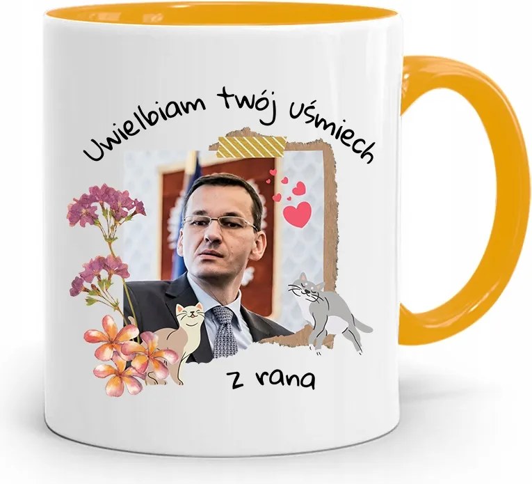 Sárga Politikus Bögre Mateusz Morawiecki Miniszterelnök fényképes nyomtatással