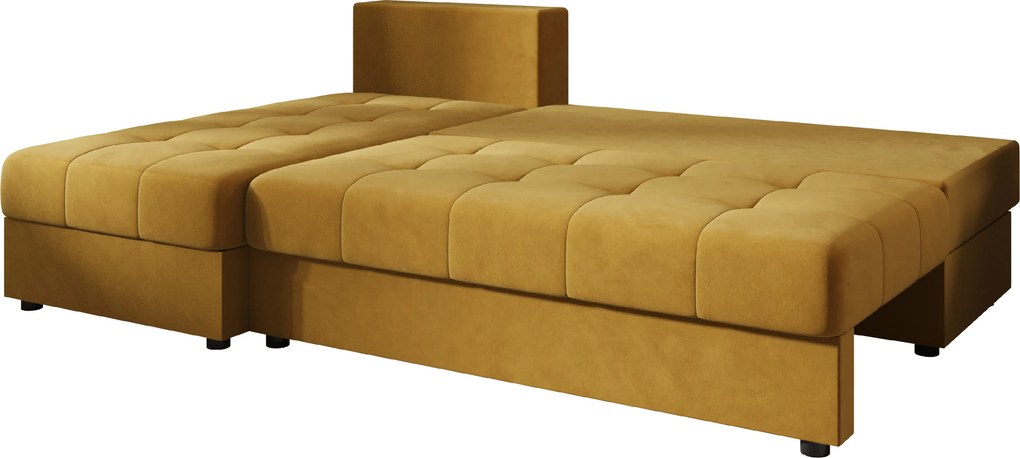 AKCIÓ Kihúzható, kétszemélyes, L-alakú kanapé VENORIA SLIM 200x143 cm, mustár + 2 párna INGYEN II. osztály