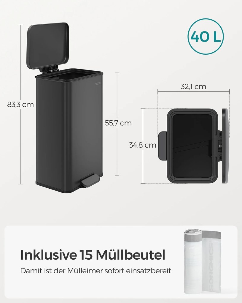 Konyhai szemetes 40l, nagy pedálos kuka fedéllel, 15 szemeteszsák mellékelve, fekete