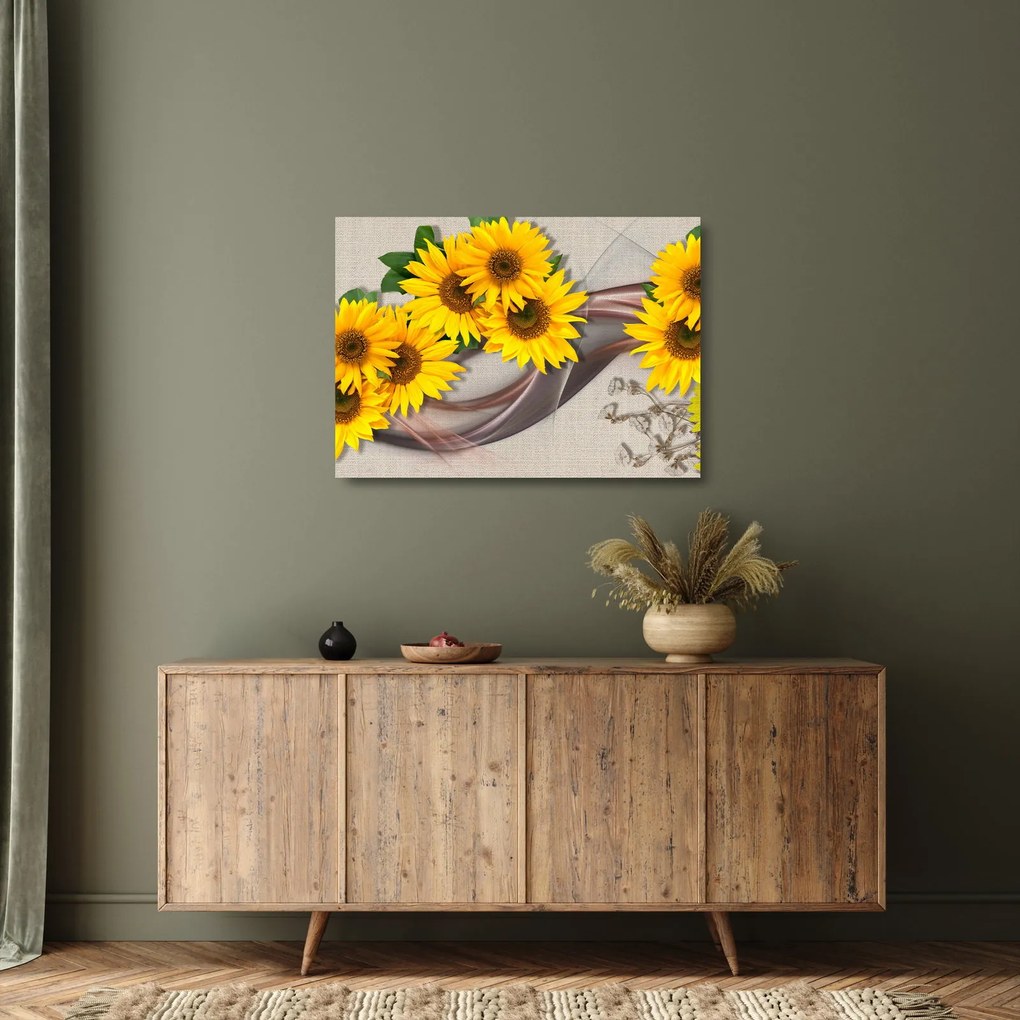 Kép - Ragyogó napraforgó virágok (üvegen) (70x50 cm)