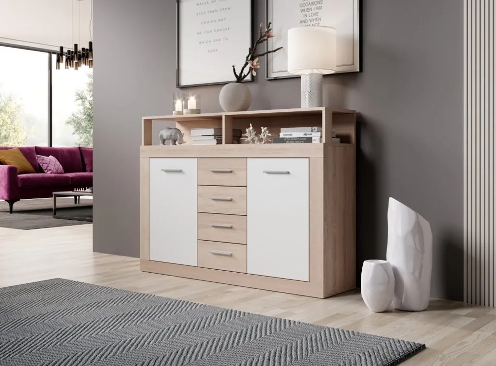 Komód 2 ajtóval és 4 fiókkal Sonoma tölgy / fehér színkombinációban – LUNA MIDI B