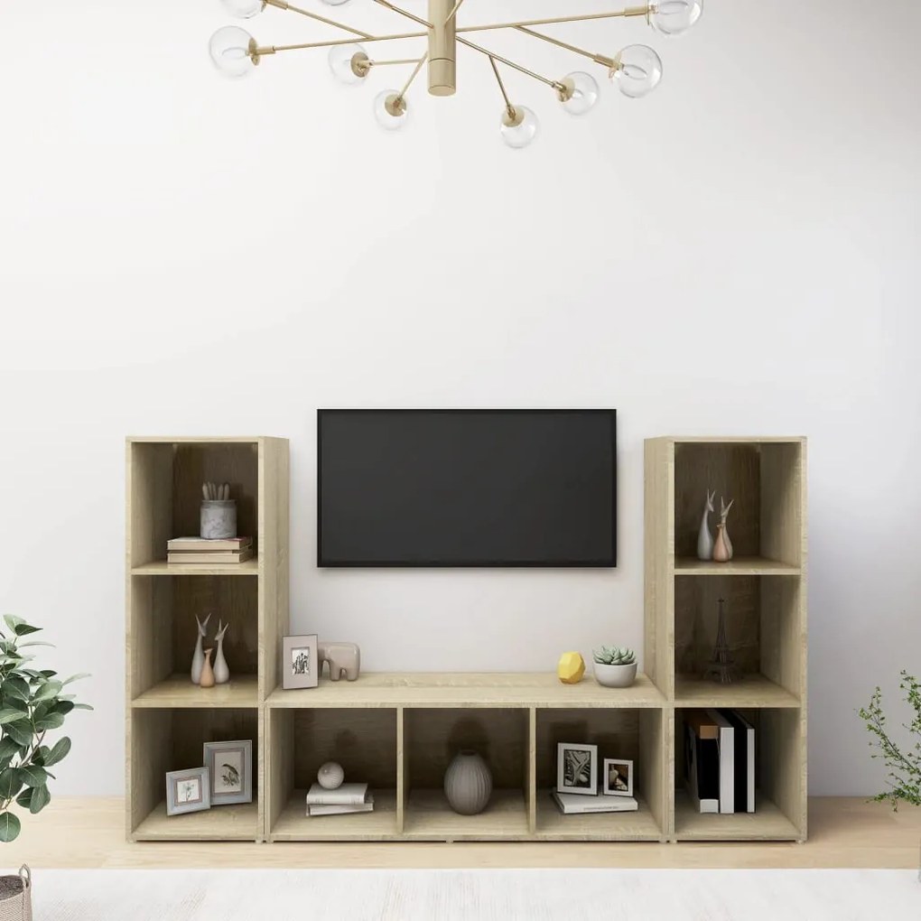 3 db sonoma tölgy színű szerelt fa TV-szekrény 107 x 35 x 37 cm