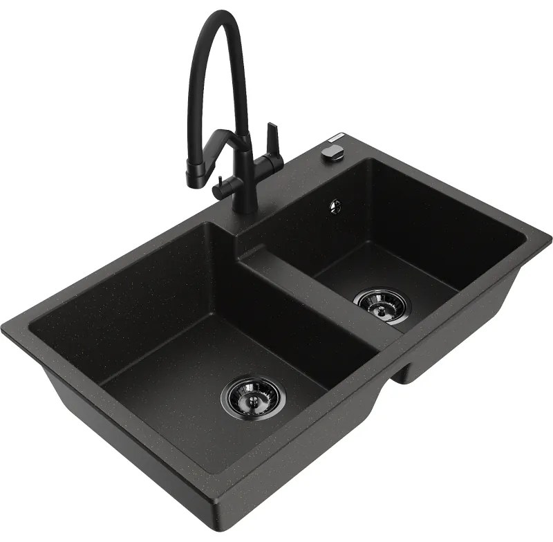 Mexen Tomas kétmedencés gránit mosogató Duo konyhai csappal, fekete/arany metál - 6516-75-671701-70-B