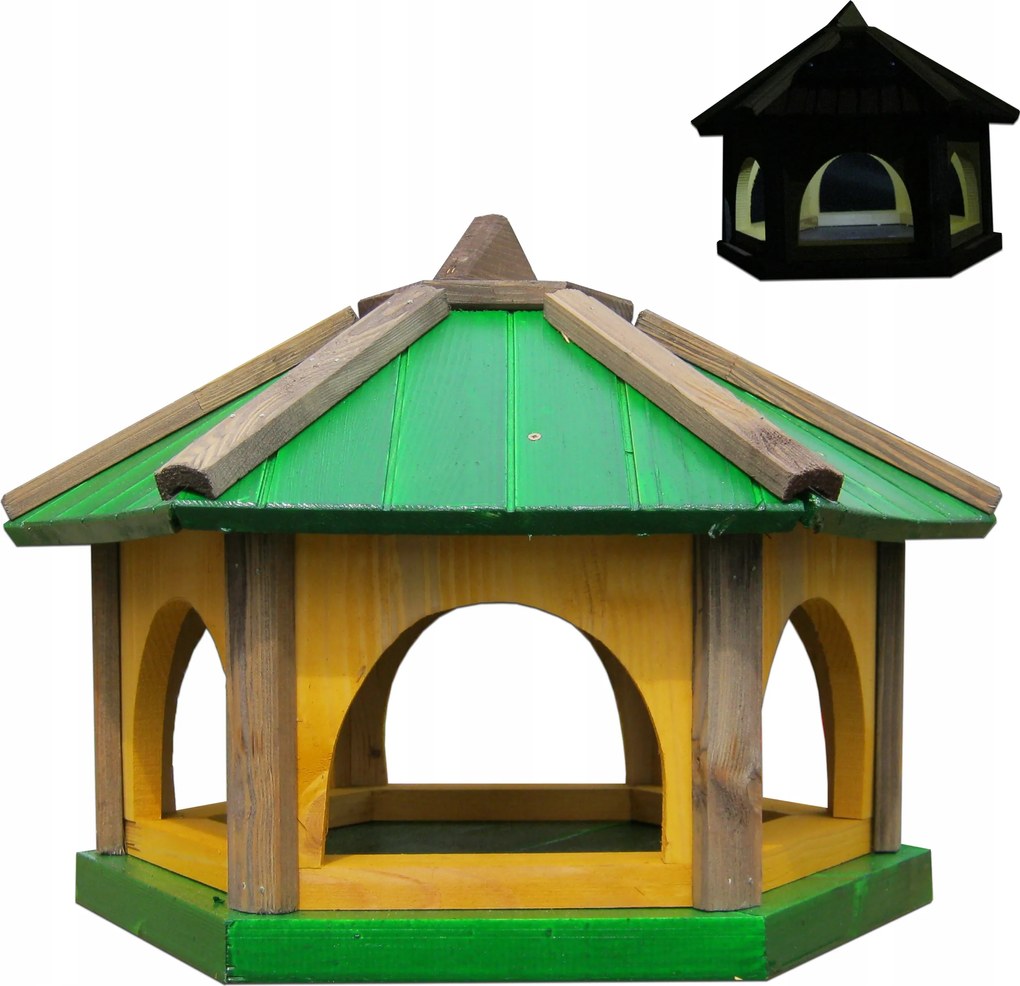 Nagy méretű madáretető fából, zöld K50_S LED-es napelemes világítással