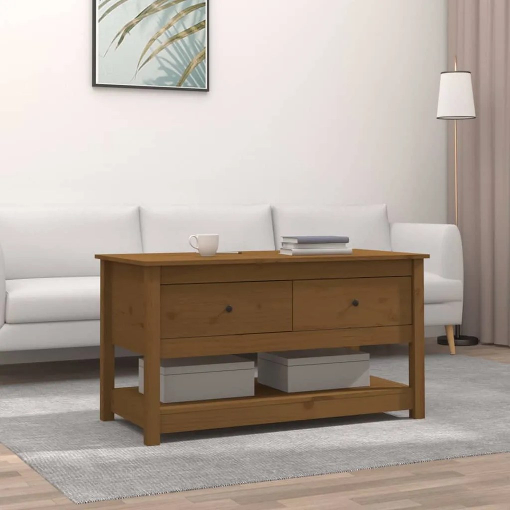 Mézbarna tömör fenyőfa dohányzóasztal 102 x 49 x 55 cm