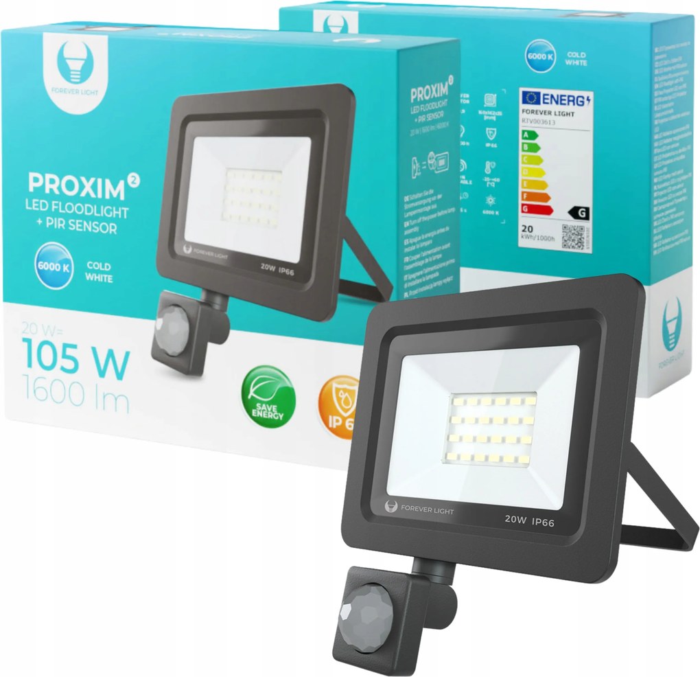 Led fényvető 20W 6000K Pir IP66 Halogén Kültéri Erős Forever Light