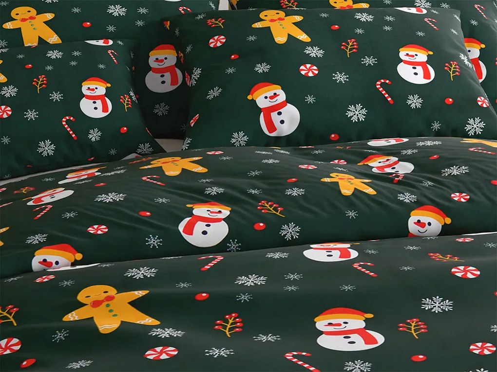 SNOWMAN AND GINGERBREAD mikroszálas ágyneműhuzat zöld Ágyneműhuzat mérete: 70 x 90 cm | 140 x 220 cm