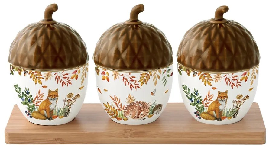 Forest Dream őszi porcelán makk alakú tálka fedővel 3 db bambusztálcán