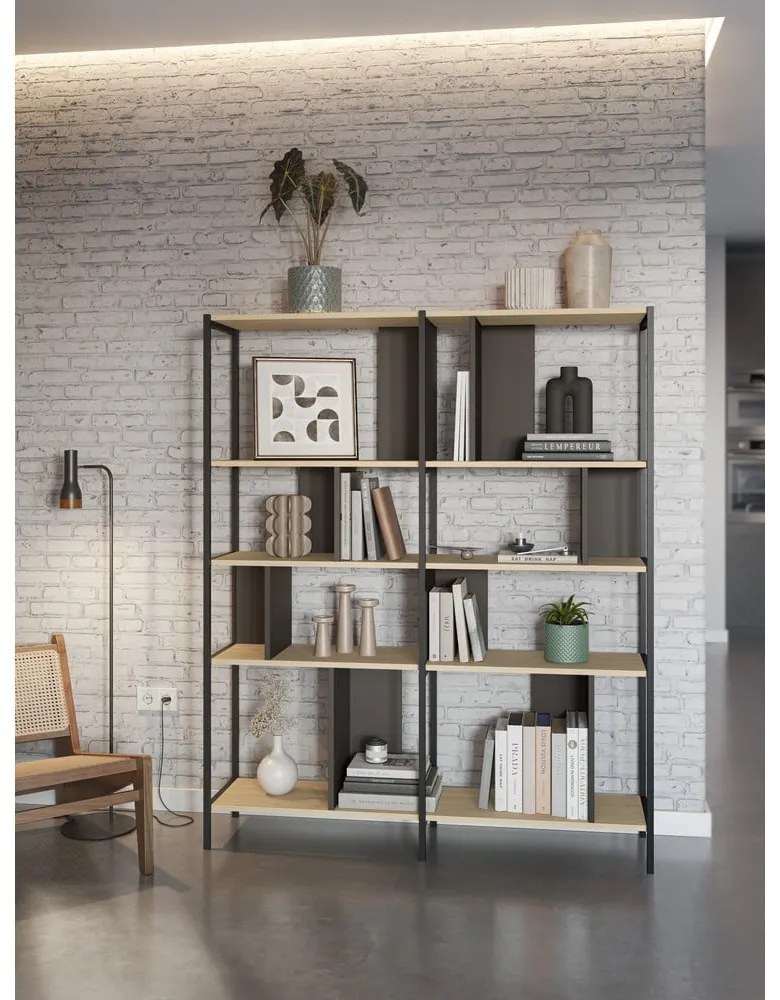 Fekete-natúr színű könyvespolc tölgyfa dekorral 144x175 cm Alabama – Marckeric