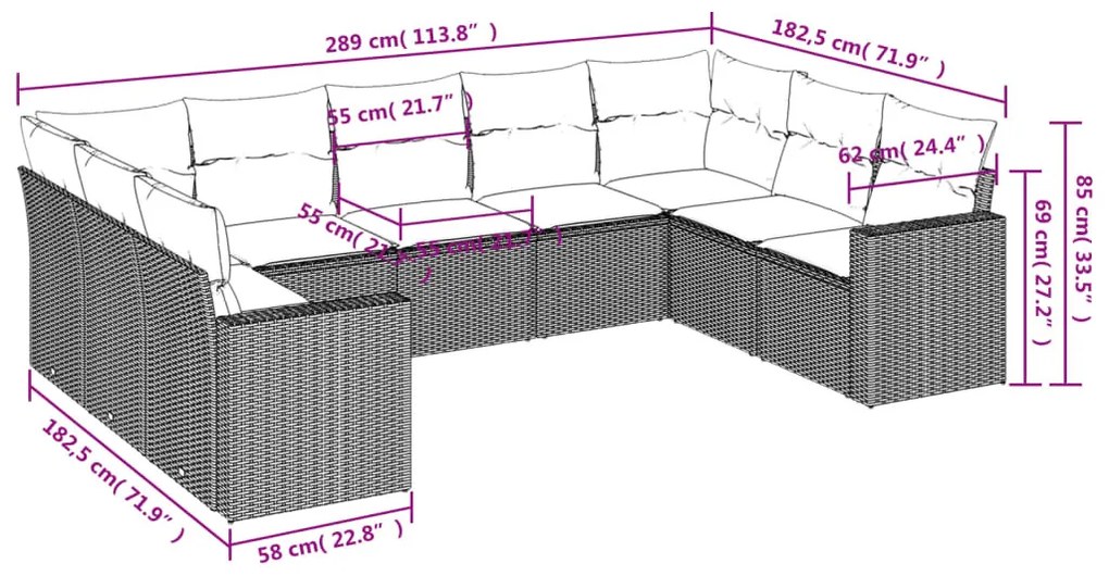 9 részes világosszürke polyrattan kerti ülőgarnitúra párnával