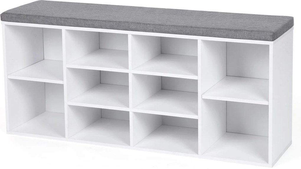 GABI cipősszekrény párnázott ülőkével, 10 rekesz, 104x30x48cm, szürke/fehér Jurhan