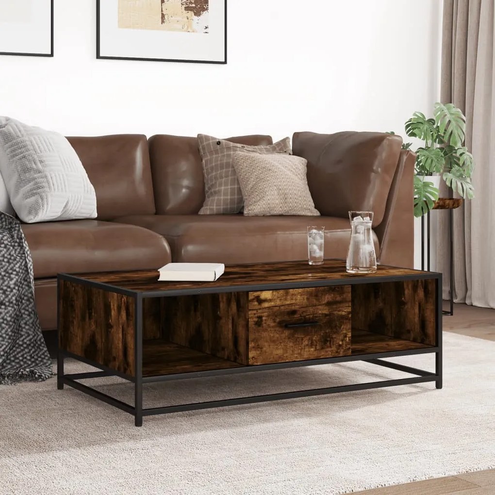 Füstös tölgy szerelt fa és fém dohányzóasztal 100 x 57 x 35 cm
