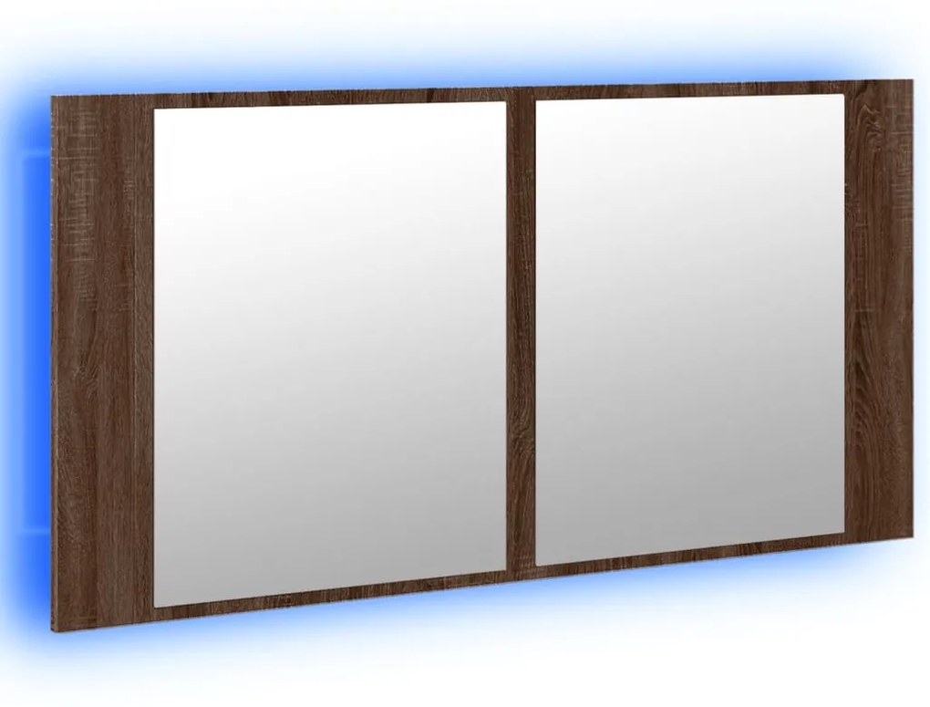 barna tölgy akril LED-es tükrös fürdőszobaszekrény 90x12x45 cm