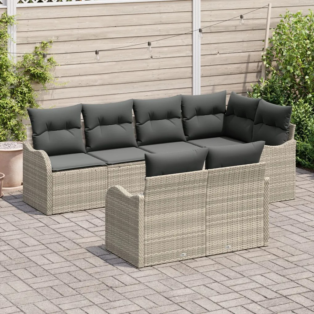 7 darabos világosszürke poli rattan kert kanapé szett párnákkal, 2 üléses kert kanapé tárolóval és párnákkal, világosszürke poli rattan