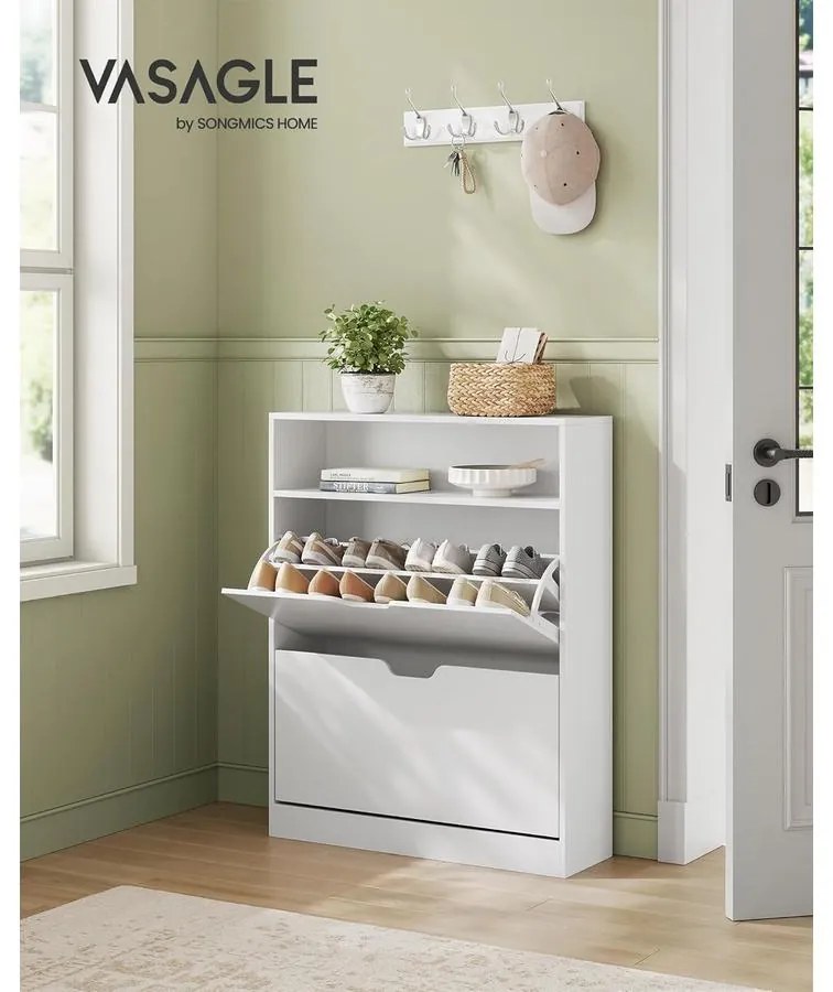 Cipősszekrény 2 billenőajtóval, 3 szintes cipőtartó, 24 x 80 x 102 cm, felhőfehér