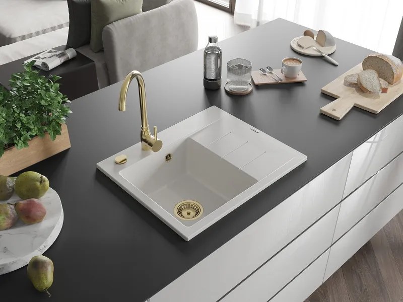 Mexen Ben gránit mosogató 1-medencés csepegtetővel, balos 600 x 500 mm, fehér, arany szifon - 6522605000-20-G