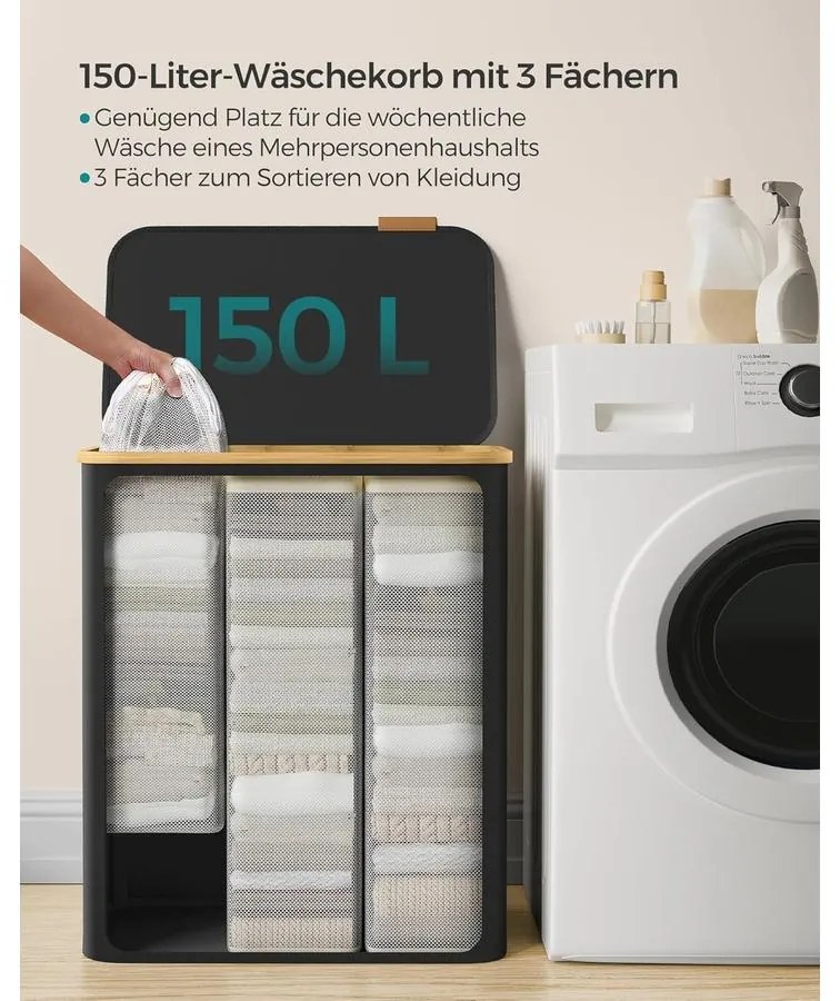 SONGMICS szennyeskosár fedéllel – 3 rekeszes ruhagyűjtő, 150 L űrtartalommal fekete színben