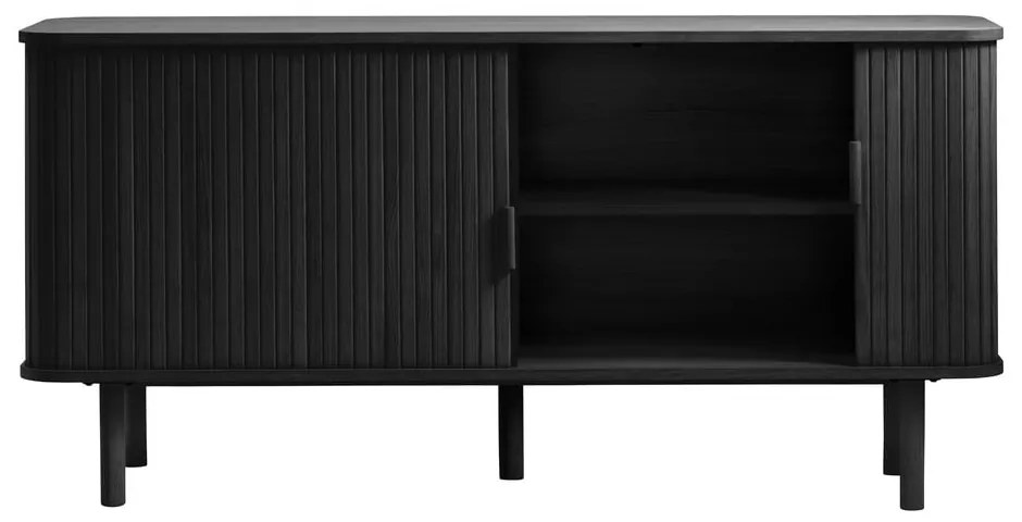 Fekete alacsony komód tolóajtóval, tölgyfa dekorral 76x160 cm Cavo – Unique Furniture