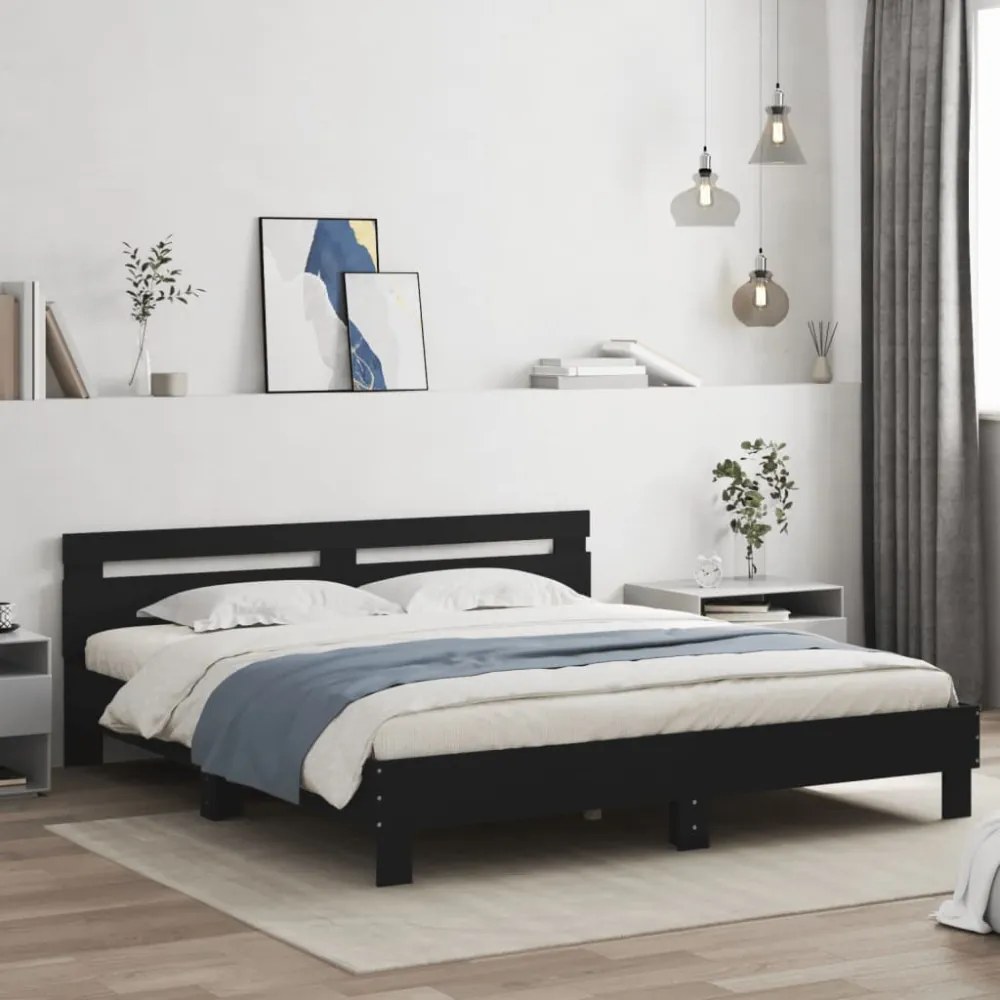 fekete ágykeret fejtámlával és LED-del 200 x 200 cm