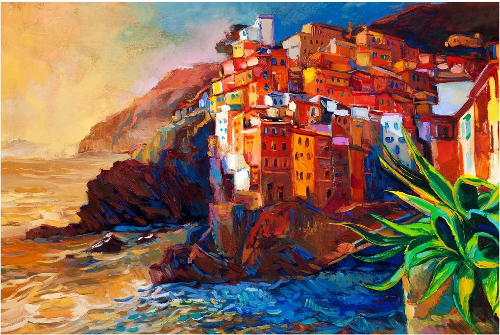 Kép - Falu Cinque Terre partján, az olasz riviérán, modern impresszionizmus (90x60 cm)