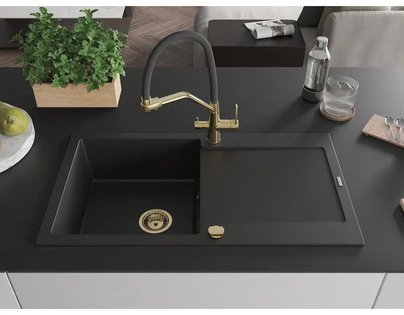 Mexen Leo, 1 kamrás gránit mosogató 900x500x190 mm és Duo mosogató csaptelep, fekete, 6501-77-671701-57-G